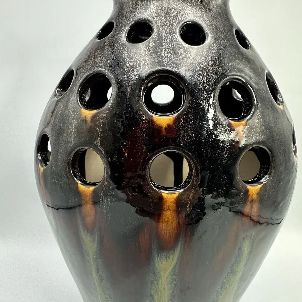 Vintage Sculptural Pierced Ceramic Vase Brutalist Ikebana Scandinavian Decor